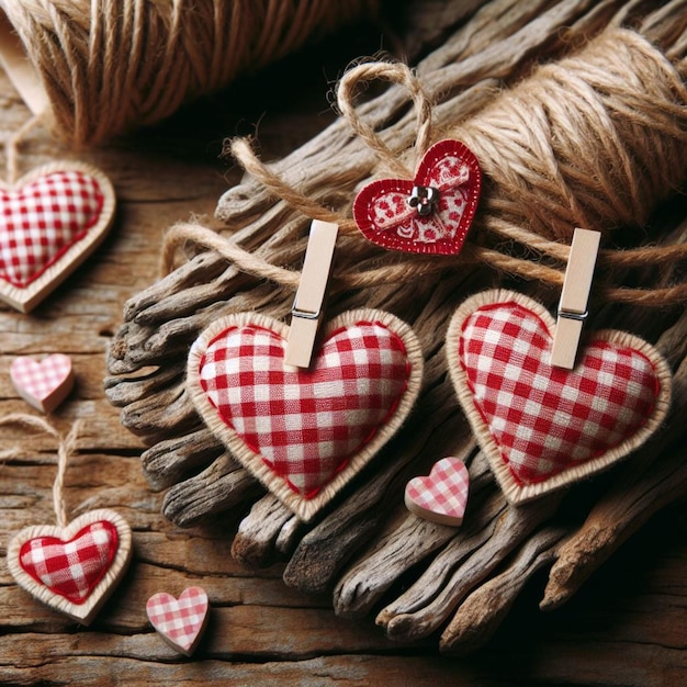 Gingham Love Valentines cœurs de cordon naturel et clips rouges suspendus à du bois flottant rustique