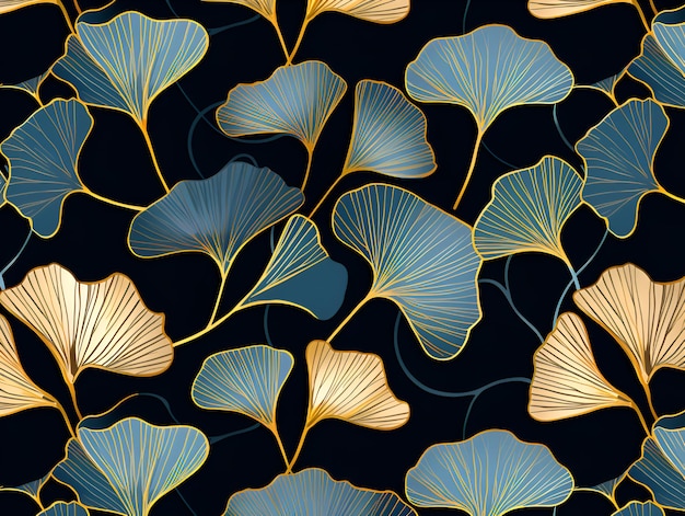 Photo ginkgo biloba vue de dessus abstraite dans la conception de lignes de couleurs dorées bleues générée par l'ia