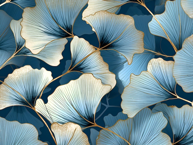Photo ginkgo biloba vue de dessus abstraite dans la conception de lignes de couleurs dorées bleues générée par l'ia