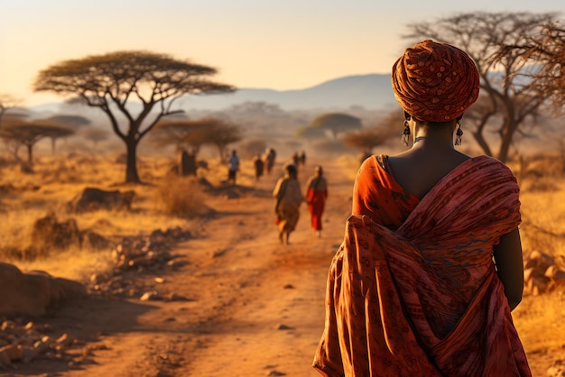 La girafe d'Afrique à l'arrière-plan dans l'arbre de la savane dans la savane