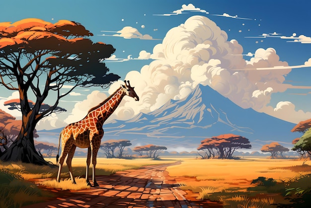 La girafe d'Afrique à l'arrière-plan dans l'arbre de la savane dans la savane