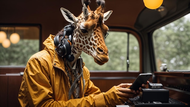 Une girafe anthropomorphique amoureuse de musique créant une liste de lecture sur un smartphone