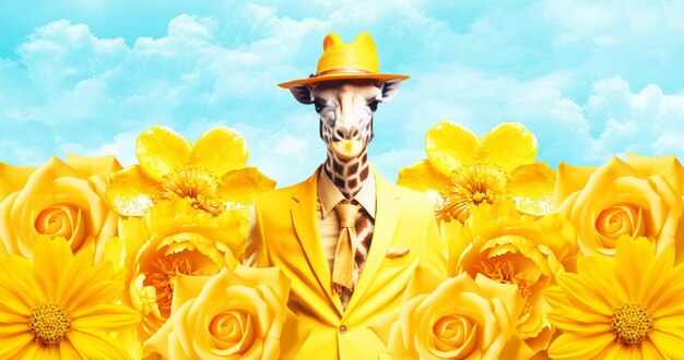 Une girafe anthropomorphique et élégante dans l'espace des fleurs jaunes Collage de mode