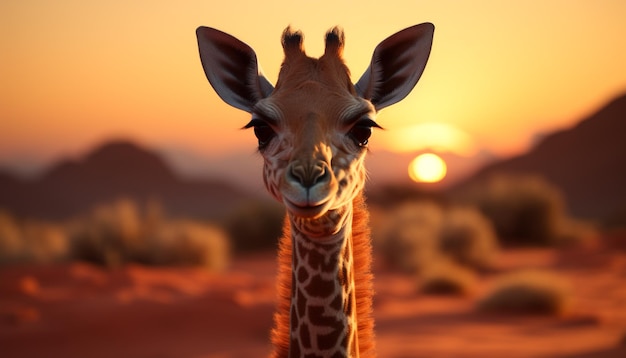 Photo girafe au coucher du soleil afrique beauté faune aventure nature portrait captivant généré par l'intelligence artificielle