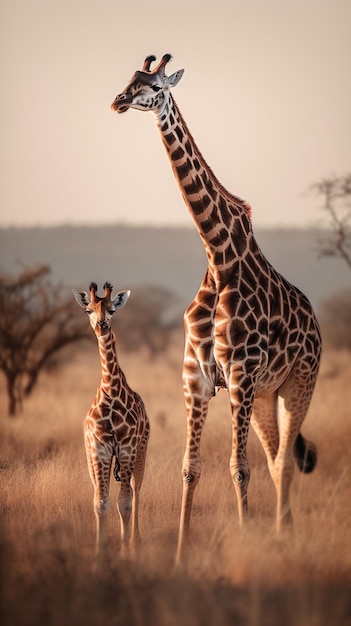 Photo une girafe et un bébé girafe marchent dans un champ.