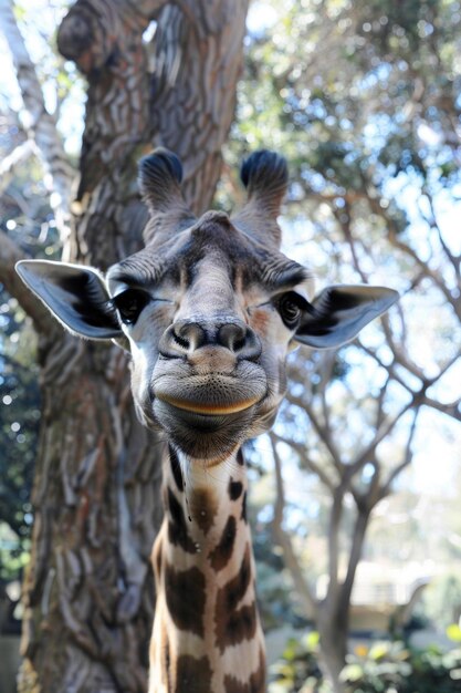 Une girafe bête avec un long cou, de grands cils et une expression surprise.