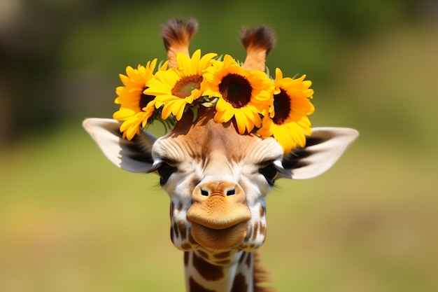 une girafe avec un bouquet de tournesols sur la tête