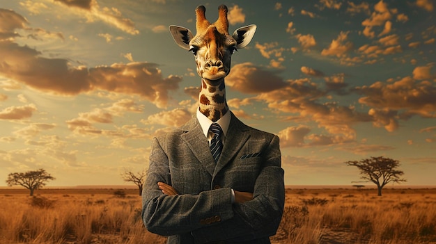 Une girafe capricieuse dans un costume surplombant les tendances du marché boursier d'en haut