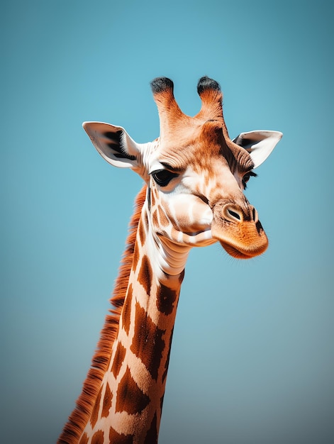 Une girafe avec un ciel bleu derrière elle