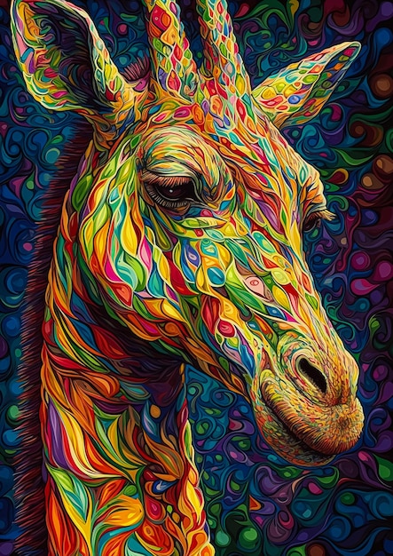 Une girafe colorée avec un fond noir.