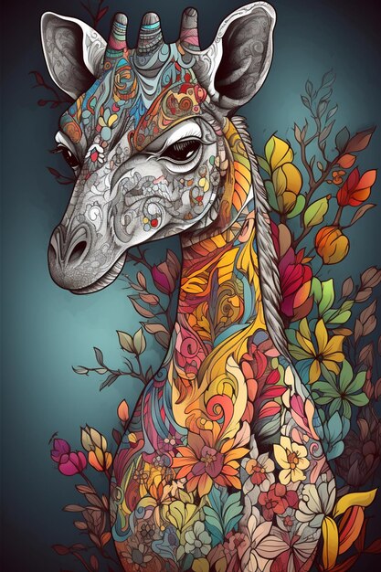 Une girafe colorée avec un motif floral sur son visage.