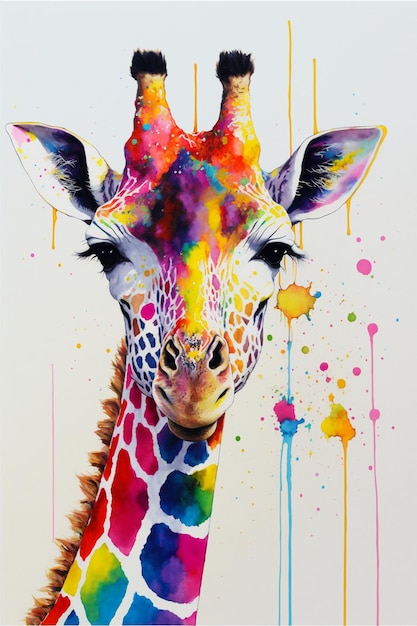 Une girafe colorée avec un nez noir et un nez noir.