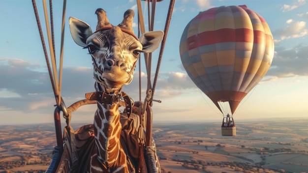 Une girafe à côté d'un ballon à air chaud