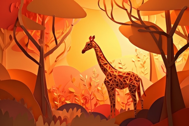 Une girafe dans une forêt avec des arbres et du soleil qui brille dessus.