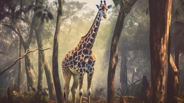 Une girafe dans la forêt avec le mot girafe sur le dos