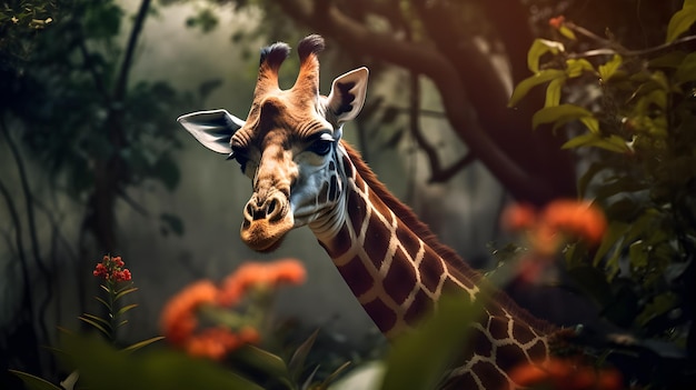 Une girafe dans la jungle avec un fond vert