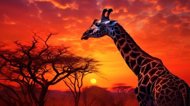 Une girafe dans la savane au coucher du soleil en Afrique du Sud