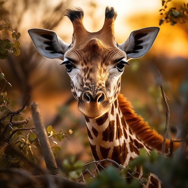 Girafe dans son habitat naturel, photographie animalière : Une girafe gracieuse broute dans la savane africaine ensoleillée, son long cou et son motif tacheté se détachant dans le paysage sauvage.