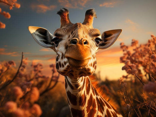 Girafe dans son habitat naturel, photographie animalière : Une girafe gracieuse broute dans la savane africaine ensoleillée, son long cou et son motif tacheté se détachant dans le paysage sauvage.