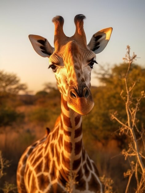 Girafe dans son habitat naturel, photographie animalière : Une girafe gracieuse broute dans la savane africaine ensoleillée, son long cou et son motif tacheté se détachant dans le paysage sauvage.