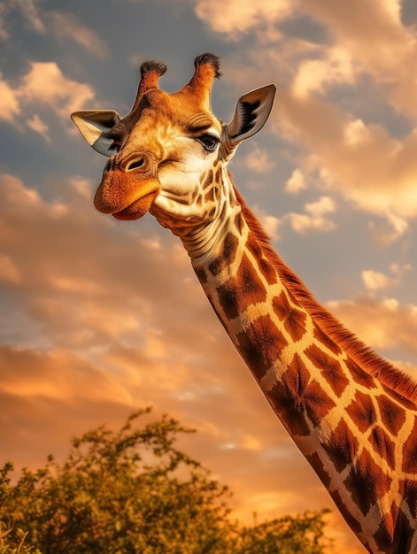 Girafe dans son habitat naturel, photographie animalière : Une girafe gracieuse broute dans la savane africaine ensoleillée, son long cou et son motif tacheté se détachant dans le paysage sauvage.