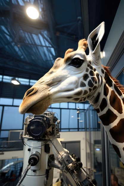 une girafe debout à côté d'une caméra
