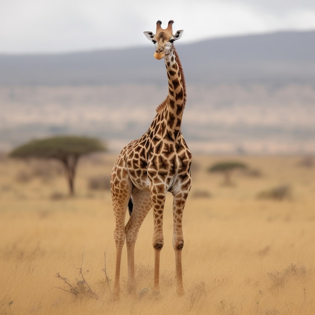 Une girafe debout dans un champ avec un arbre en arrière-plan.