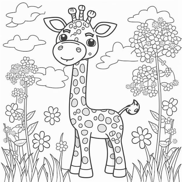 une girafe debout dans un champ de fleurs avec un arrière-plan céleste génératif ai