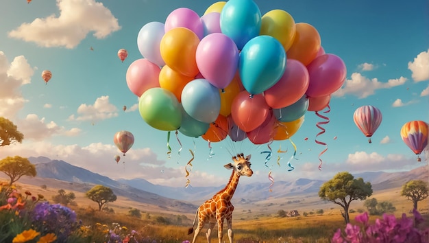 Une girafe de dessin animé avec des ballons