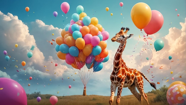 Une girafe de dessin animé avec des ballons