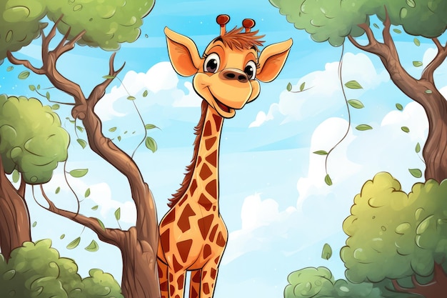 Girafe drôle dans la nature sauvage Illustration d'animal de dessin animé dessiné ai génératif