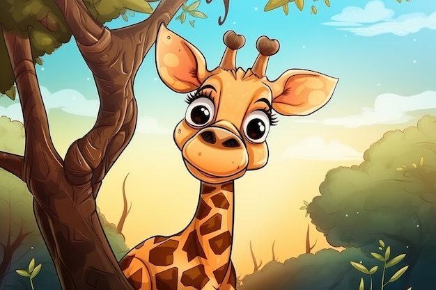Photo girafe drôle dans la nature sauvage illustration d'animal de dessin animé dessiné ai génératif