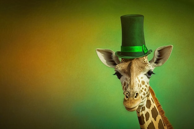 Girafe drôle portant un chapeau grenn célébrant la Saint Patrick Day sur un arrière-plan flou AI générative