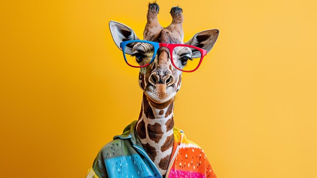 Une girafe drôle portant des lunettes et des vêtements colorés La girafe regarde la caméra avec une expression sérieuse