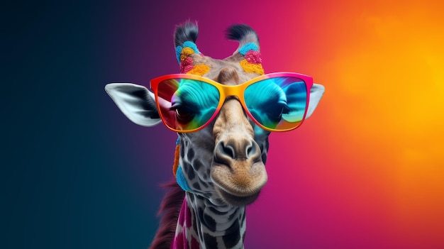 Une girafe élégante portant des lunettes de soleil sur un fond vibrant