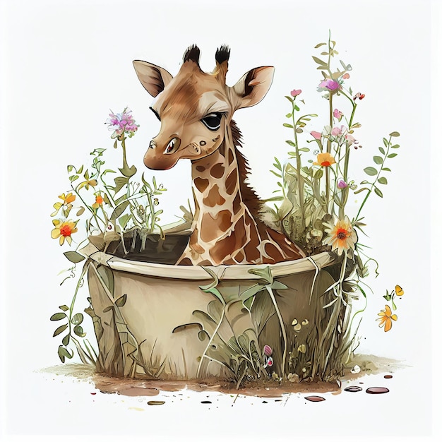 Photo une girafe est assise dans un pot de fleurs et regarde la caméra.