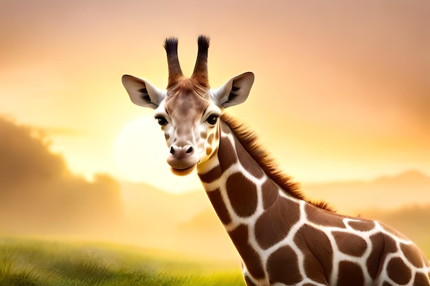 Une girafe est debout dans un champ avec le soleil derrière elle.