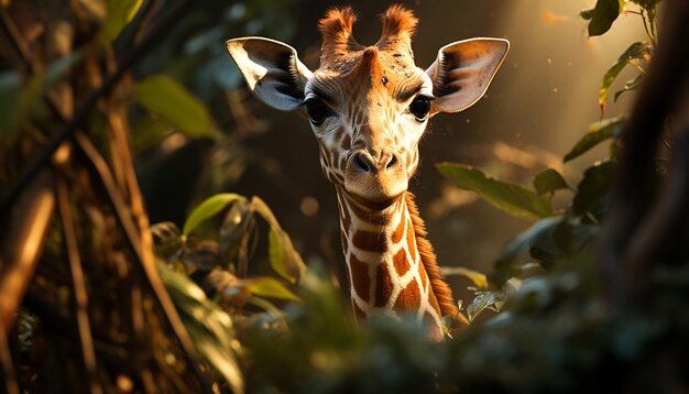 Girafe à l'état sauvage, mignonne, entourée d'herbe verte générée par l'intelligence artificielle