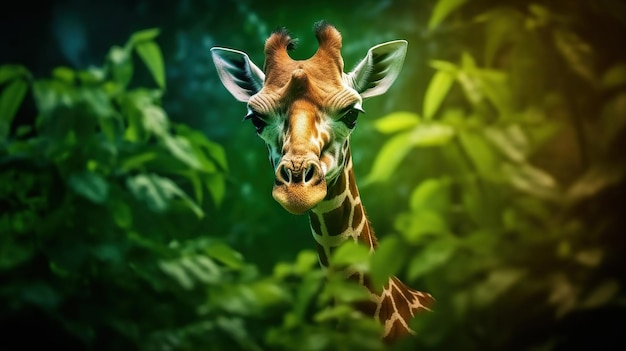 Une girafe sur une feuille verte Une girafe magnifique à contraste élevé