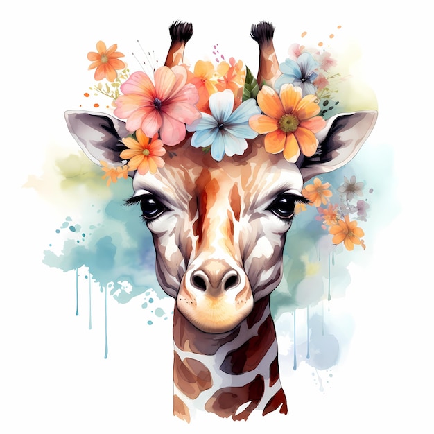 une girafe avec des fleurs sur la tête et une photo de girafe