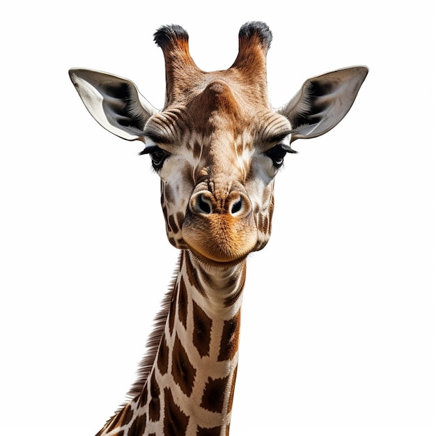 Une girafe avec un fond blanc et un nez noir.