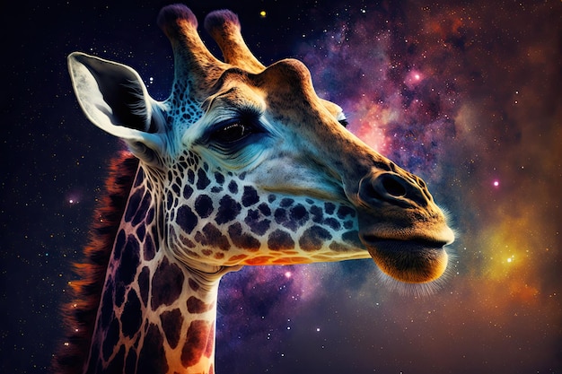 Girafe sur fond d'écran nébuleuse de l'espace