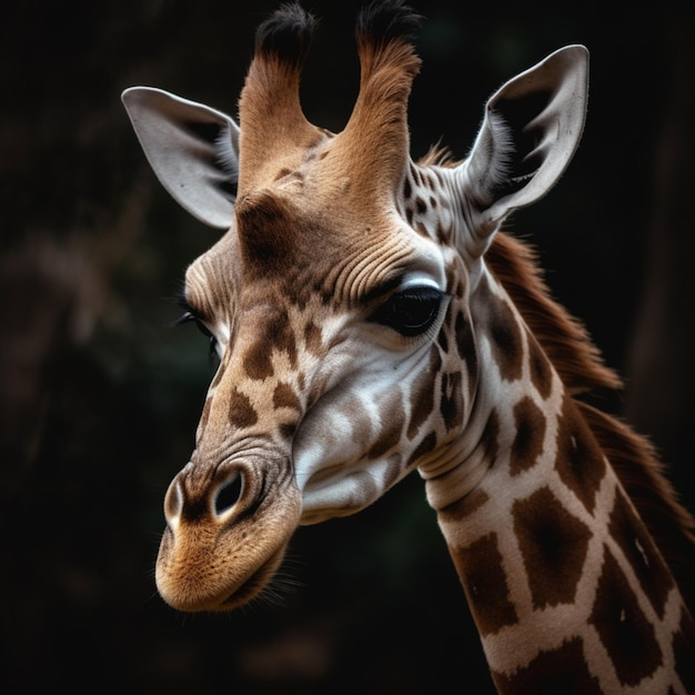 Une girafe avec un fond sombre et un fond noir.