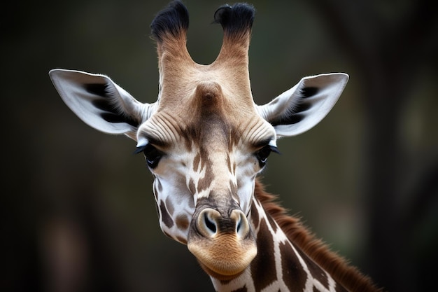 Une girafe avec un fond sombre et un fond sombre.