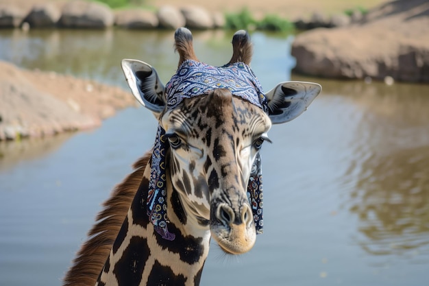 Une girafe avec un foulard à motifs près d'un trou d'eau
