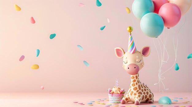 Photo une girafe avec un gâteau d'anniversaire et des ballons