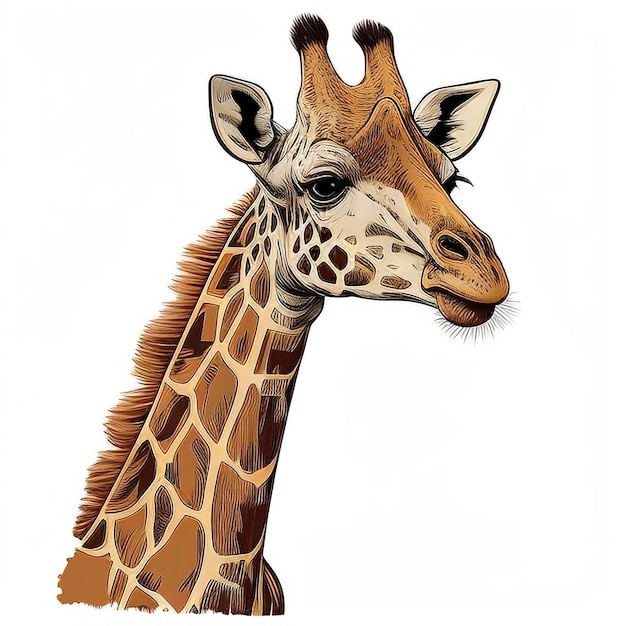 Une girafe avec un long cou et un fond blanc.