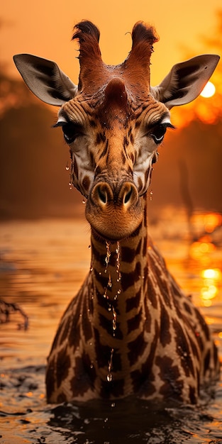 une girafe avec un long nez et un fond flou du soleil derrière elle