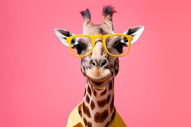 Une girafe avec des lunettes roses et un fond jaune