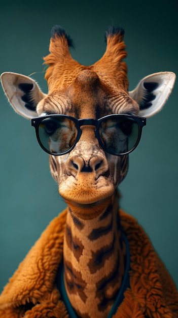 Une girafe avec des lunettes de soleil et un manteau de fourrure, un animal terrestre élégant dans la nature.